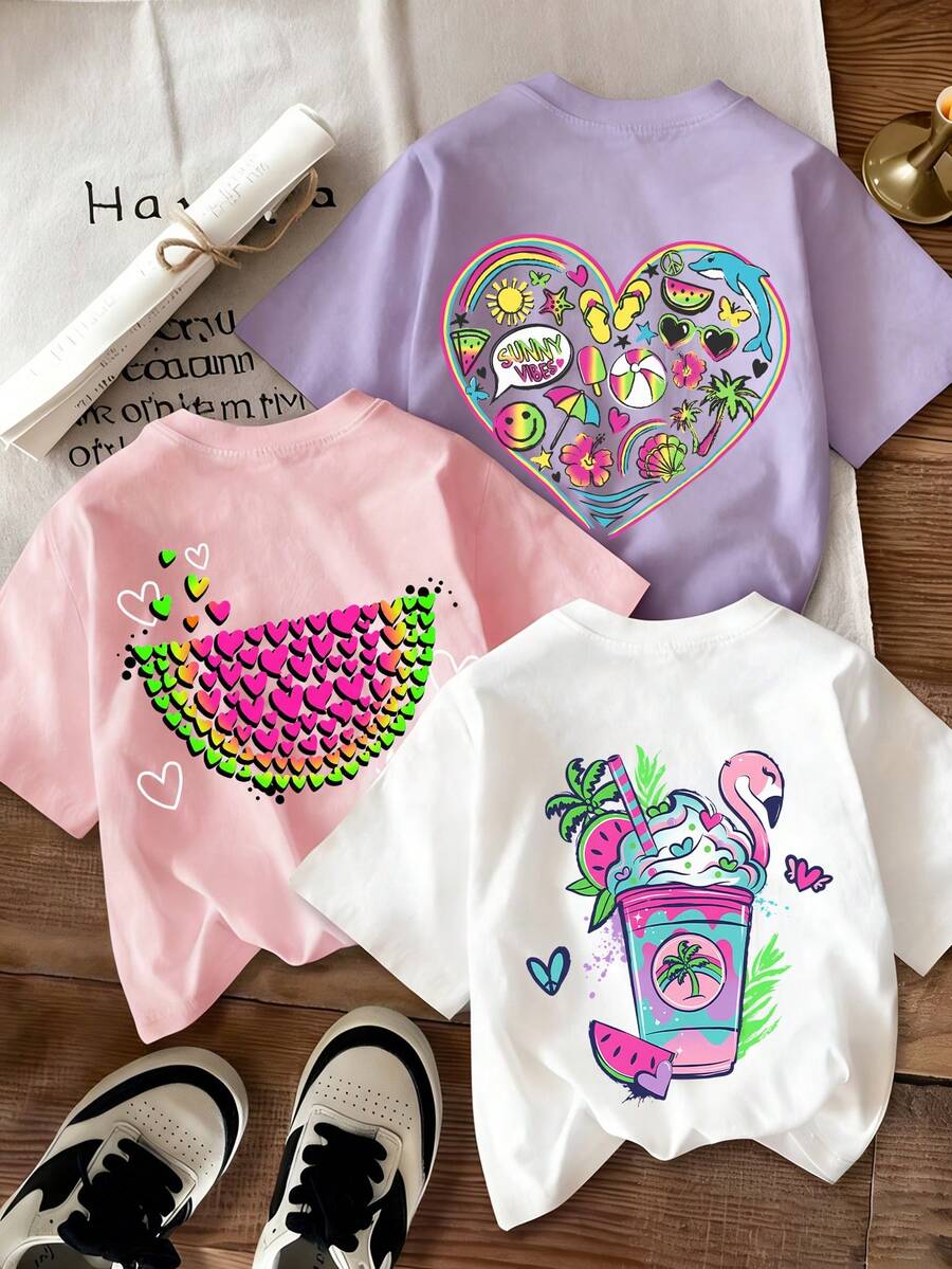 3pcs-Tween Girl Popular Graphic Print 3-Piece Set, Soft And Comfortable Fabric, Suitable For Girls Outdoor Sports, Daily Wear, Street Style, Campus Wear, Fashion Girls Spring/Summer Casual Versatile Tops - White - View 1