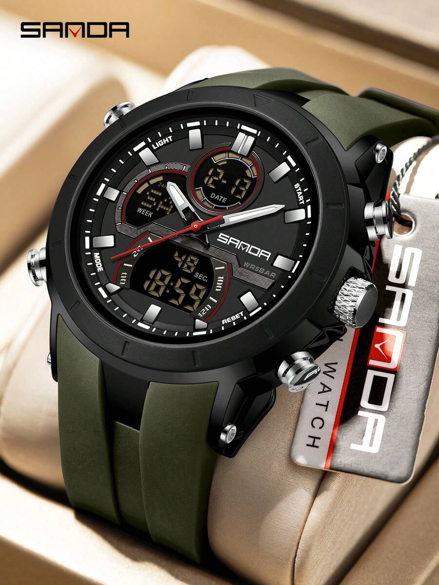 SANDA 6279 Electronic Quartz Watches For Man Dual Display Large Dial Calendar Luminous Waterproof Outdoor Sports Digital Watch - Army Green - View 1