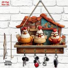 2D Flat. 1pc. Wooden Key Hook With 3 Cute Chickens And Farmhouse Design - With 4 Metal Hooks; Perfect For Wall Decor, Entryway Decor, Room Decor And All-Year Home Decor; Great Gift For Hal - Multicolor - View 4
