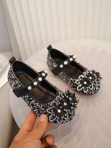 Girls' Pearl Rhinestone Princess Ballet Shoes, Bowknot Breathable Casual Shoes, Versatile Daily Wear For Spring, Summer, Autumn - Black - View 1