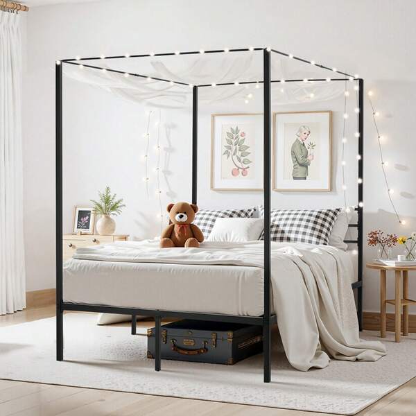 Full Size Canopy Bed Frame, Metal Canopy Bed With Four Posters Design, Heavy Duty Steel Slats Support, Underbed Storage Space, No Box Spring Needed, Easy Assembly, Black
