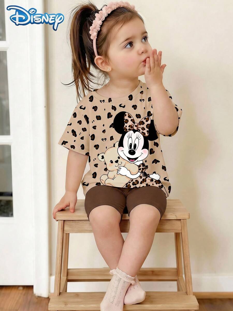 Disney 迪士尼女婴米奇米妮豹纹短袖T恤和纯色弹力腰短裤套装,可爱夏季休闲度假装 - 咖啡棕 - 查看 1