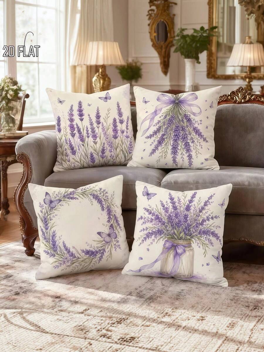 2D Plano 4 Peças Capas de Almofada Floral Lavanda Borboleta Violeta Creme Rústico Decorativo Impressão Unilateral para Sala de Estar Quarto Sofá Cama Decoração Sem Enchimento de Almofada - Lavanda - Visão 1