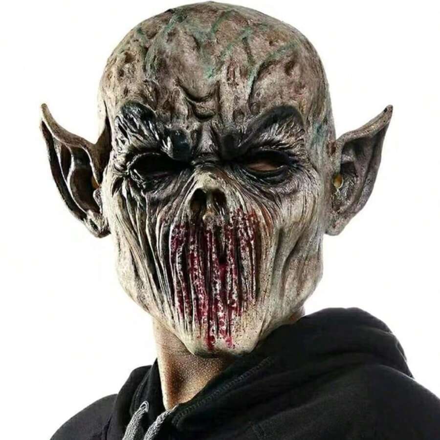 1pc Grey Pointy Ear Alien Monster Latex Mask, Suitable For Halloween Horror Party/Escape Room Costume, Hot-Selling Item - Multicolor - View 1