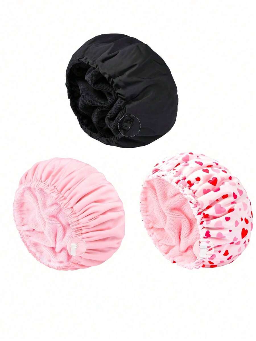 3/1pc New Adjustable Size Terry Cloth Shower Cap Waterproof Polyester Bath Cap Absorbent Microfiber 3-In-1 Hair Drying Cap - Multicolor - View 1
