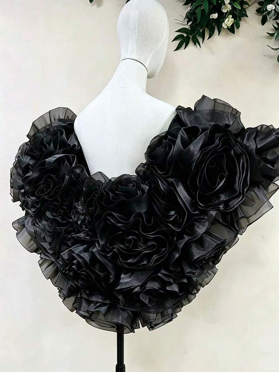 歐美風新娘浪漫披肩,優雅3D玫瑰重工刺繡婚紗配件,遮臂短披肩 - 黑色 - 查看 1