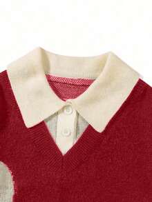 Spring/Autumn New Men's College Style Sporty Patchwork Turn-Down Collar Loose Unisex POLO Neck Pullover Sweater - Red - View 4