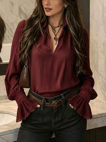 1pc Polyester Lace Patchwork Ruffle/Flounce Women's Blouse, Suitable For Daily Wear, Home, Holiday, All Seasons - Burgundy - View 1