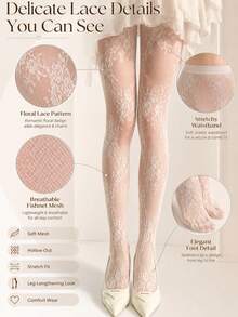 1 Pair Women's White Floral Lace Fishnet Tights, Elegant Sheer Mesh Hollow Out Pantyhose, Decorated With Romantic Floral Pattern, Soft Elastic Lace Socks, Suitable For Playful Outfits, Ballet Style, Bridesmaid Party, Date Night, Graduation Ball, Wedding Guest, Pair With Skirts And Dresses, Photogenic Fashion Leg Accessory - A - View 3