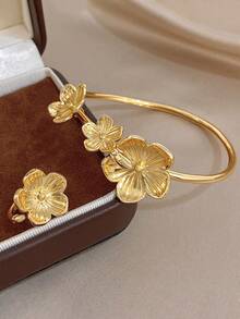 Set/1Pc Luxury Vintage Gradient Carved Flower Bangle Bracelet Ring Jewelry For Women,Elegant Gold Jewelry,For Daily Party Birthday Valentine's, Boho - Multicolor - View 2