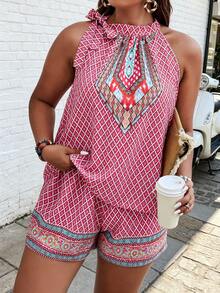Plus Size Full Print Side Knot Halter Top & Shorts - Multicolor - View 3