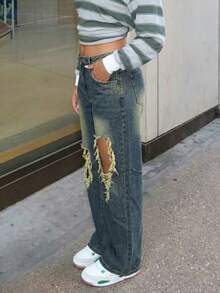 Women's Distressed Large Ripped Loose Straight Leg Denim Jeans - Light Wash - View 5