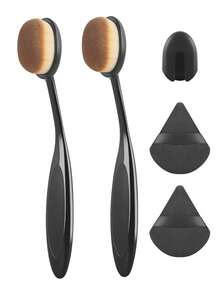 2pcs Oval Toothbrush-Shaped Foundation Brush Set With Protective Caps, Paired With Black Triangle Powder Puff, Soft Bristle Seamless Makeup Brush, Beginner Makeup Kit - Black - View 10