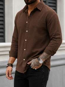 Men's Long Sleeve Button-Down Relaxed Fit Linen-Blend Shirt - Chocolate Brown - View 5