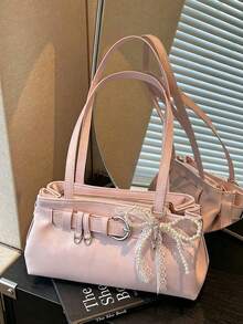 Stylish PU Shoulder Bag Alace Pearl Bow Charm. Perfect Everyday Commutes Working Professionals, Sweet Dates Shopping Trips Women, Short Vacations. - Pink - View 6