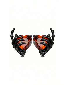 1 Pair Vintage Gothic Punk Skeleton Hand Rhinestone Heart Stud Earrings, Fashionable And Versatile For Women Valentines - Black - View 1