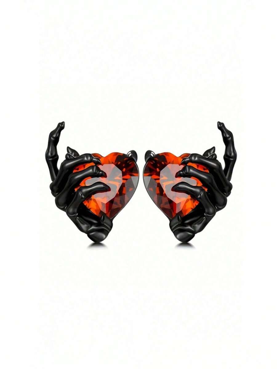 1 Pair Vintage Gothic Punk Skeleton Hand Rhinestone Heart Stud Earrings, Fashionable And Versatile For Women Valentines - Black - View 1
