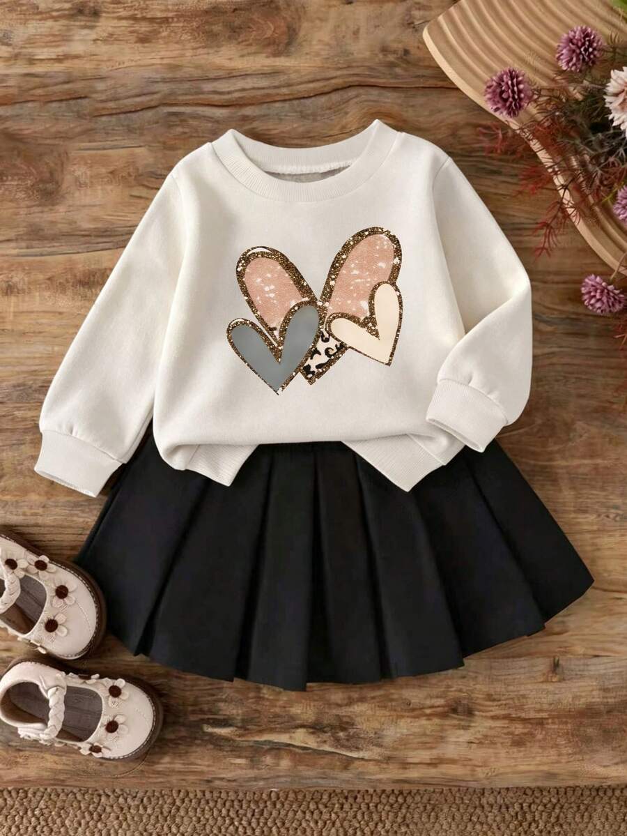 Baby Girl Cartoon Pattern Round Neck Long Sleeve Top And Skirt - White - View 1