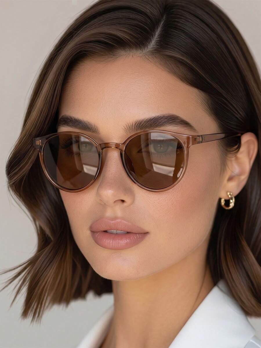 1 Pair Women's Tea Color Cat Eye Frame Korean Style Minimalist Versatile Fashion Glasses - Brown - View 1