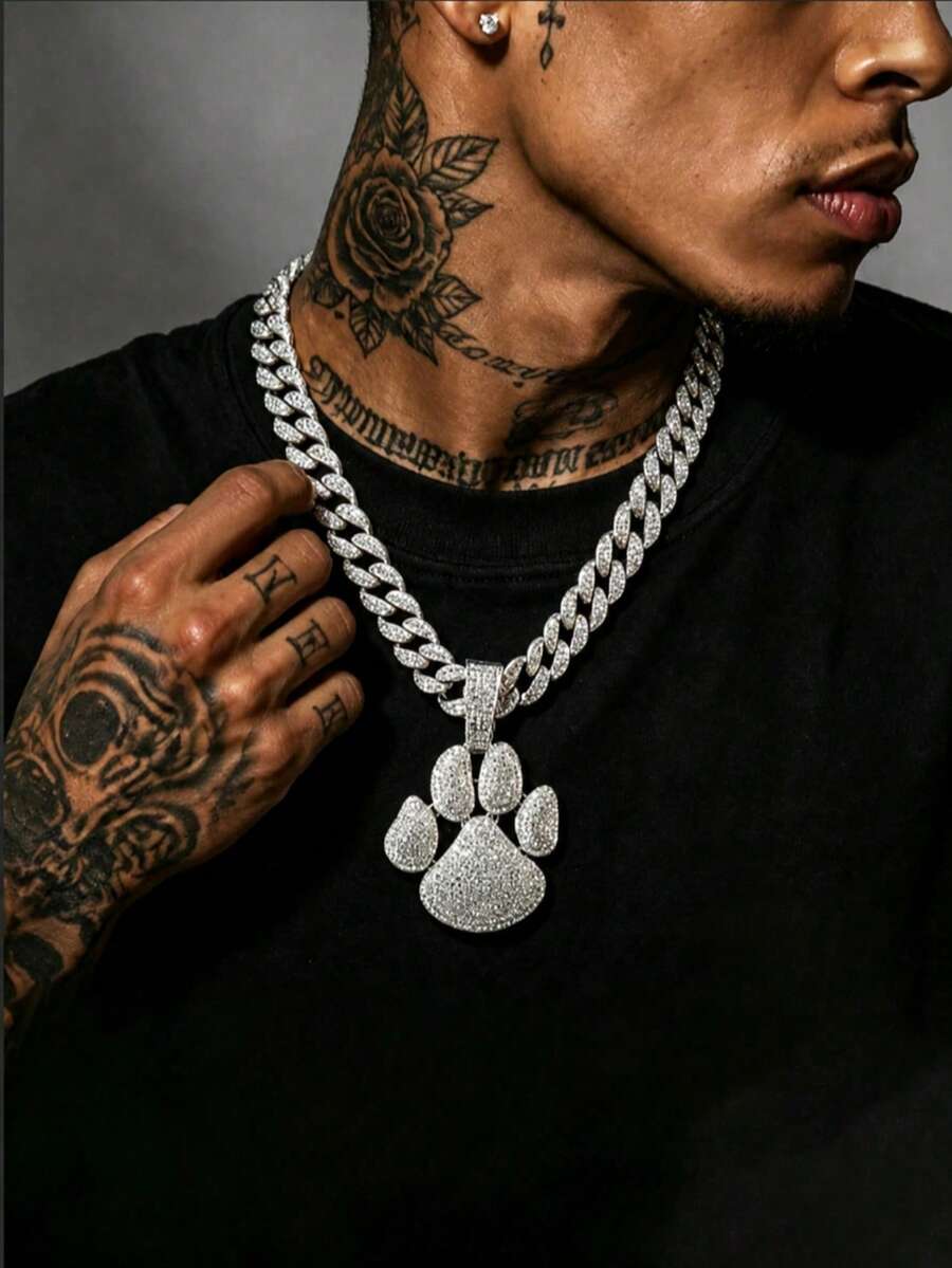 Men's Rhinestone Dog Paw Print Pendant Necklace, Full Rhinestone Cuban Chain Hip Hop Shiny Streetwear Jewelry, Gold & Silver