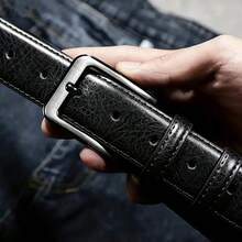 Men's Alloy Buckle Belt, Business Casual Style, Versatile Pants Belt, Pin Buckle Design, No Hole Required, Easy Adjustment, Fine Texture, Soft Touch, Suitable For Daily Commute, Workplace Wear, Dating And Gatherings - Black - View 3