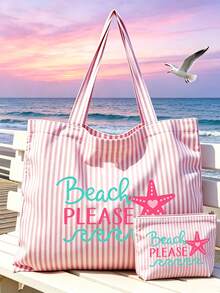 Women's Summer Beach Travel Tote Bag Set - Vintage Striped Tote Bag With Matching Mini Bag - Large Canvas Pink And White Striped Shoulder Bag With Starfish And Letter Print, Foldable Canvas Shoulder Bag, Summer Essential Waterproof And Sand-Resistant Travel Bag, Perfect For Beach Trips, Pool Days, Shopping And Daily Use, Suitable For Women, Travelers And Beach Lovers, Ideal For Spring Break And Gifts, Teacher's Day, Birthday Gifts - Multicolor - View 3