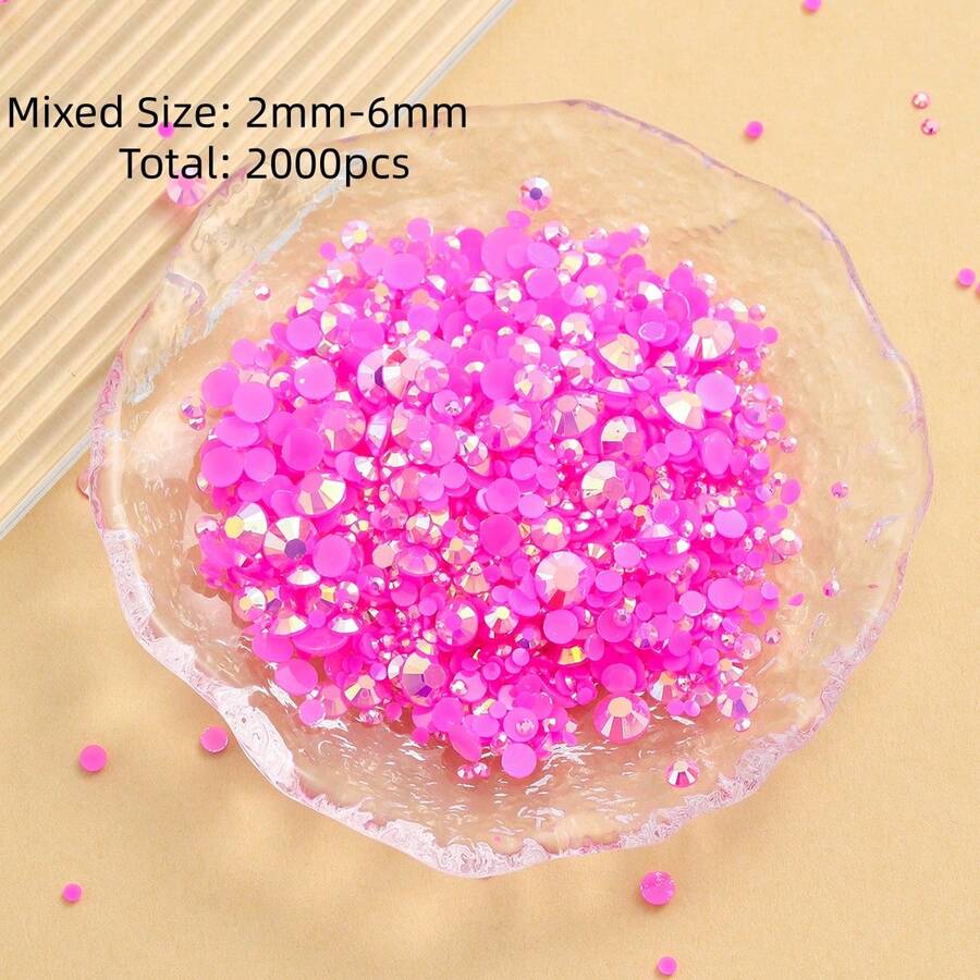 2MM-6MM 混合尺寸 2000顆/包 圓形平底樹脂水鑽果凍糖 AB色亮面亮片 DIY 寶石鑽貼飾珠,適用於衣服、包包、鞋子、馬克杯、瓶子、保溫杯、手機、DIY配件 - 淺玫紅44 - 查看 1