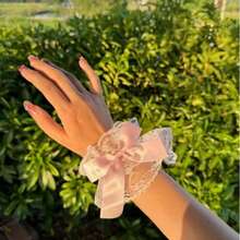 1對女款甜美蝴蝶結蕾絲袖套，蘿莉塔風拍照手腕飾品，可愛洋裝禮服時尚喇叭袖口短袖套 - 彩色 - 查看 2