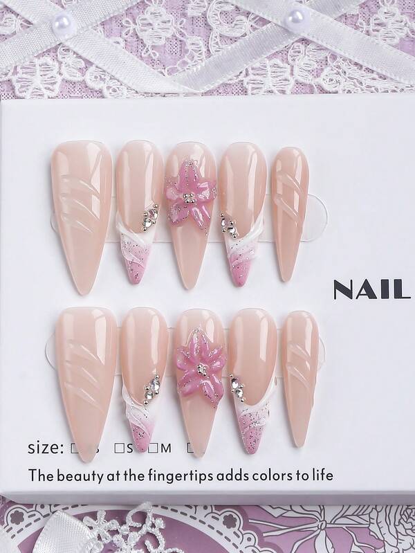 10pcs Handmade Almond-Shaped Classic French Pressed Flower Fake Nails, Gentle Style Bride Nude Wearable Nails, Long Pointed Shape Pink White Glitter, Handmade 3D Flowers, Rhinestones And Embossed Texture Accents, Suitable For Party, Dance, Daily Wear, Comes With Tool Set, Perfect Gift For Women And Girls