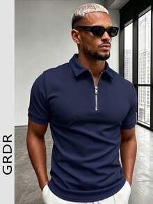 GRDR 男士夏季半拉链 Polo 衫，纯色经典短袖，适合户外休闲穿着 - 藏蓝色 - 查看 3