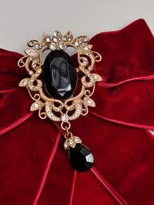 1pc Vintage Court Style Burgundy Velvet Double Layer Bow Tie With Gold Hollow Flower Frame Black Gemstone Teardrop Pendant Adjustable Neck Cord, Wedding Dress JK Shirt Christmas Atmosphere Neck Accessory For Halloween Cosplay Party, Event, Photo Shoot - Red - View 4