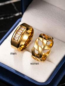 2pcs Fashion Stainless Steel Gold Couple Rings With 8mm Rhinestone Twisted , Suitable For Men And Women Daily Wear, Holiday, Date, Engagement, Wedding Gift Jewelry (With Box) - Gold - View 6