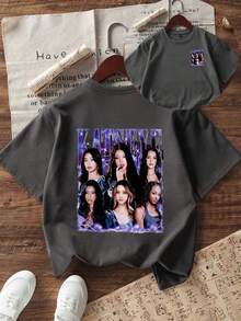Teen Girl, KATSEYE 6 Members Print American Street Style Crew Neck Short Sleeve Pullover T-Shirt Summer Top - Dark Grey - View 7