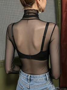Plus Size Spring/Summer New Black Sheer Mesh Base Layer Top, High Neck Slim Fit Flattering Sun Protection Cover-Up Cover Up Casual - Black - View 4