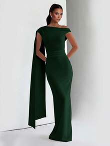 Solid Color Elegant Ruffle Zipper Pleated Dress For Beach - Dark Green - View 3