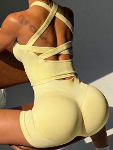 1 Set Sports Shorts, Fitness/Yoga/Pilates/Coffee Shop/Street Style Multi-Scenario Wear Summer - Yellow - View 3