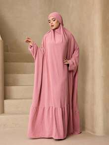 1pc Minimalist Fashion Versatile Solid Color Ice Silk Crinkled Oversized Hooded Loose Long Robe Women's Elegant Soft Abaya Sun Protection Muslim Clothing Shawl - Pink - View 3
