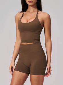NcmRyu Women's One Set Solid Color Halter Neck Backless Tank Top Wide Ribbed High Waist Tight Shorts Sports Outfit - Brown - View 6