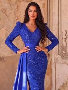 Faeriesty Luxury Sequin Embroidered Floor-Length Evening Gown Wedding Dress Party Fall - Royal Blue - View 4