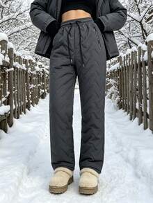 Women's Warm Thick Woven Fabric Straight Leg Quilted Long Pants For Winter - Grey - View 4