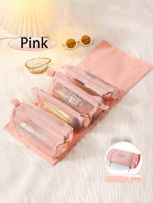 1pc (4-In-1) Woven Travel Makeup Organizer Bag, With Adjustable Shoulder Strap, Open Mesh Compartments For Brushes And Lipsticks, Lightweight Portable Toiletry Bag, Fashionable Beige, Wet Wipe Cleanable, Makeup Travel Bag, Daily Cosmetics Storage - Multicolor - View 10