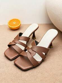 A Pair Of Women Heeled Sandals Cross Strap Square Toe Block Heel PU Minimalist White Casual Work Style - Brown - View 2