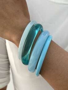 7pcs/4pcs/3pcs Vintage Elegant Bohemian Casual Style Women's Blue Acrylic Bracelets And Metal Plain Bangles, Suitable For Women's Daily Wear, Gatherings, Parties, Summer Vacation, Beach Holiday, Travel, Layering And Gifting - Multicolor - View 7
