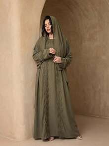 4件組女款時尚百搭純色長袍套裝，優雅無袖長袍 + Abaya 開襟外套 + 圍巾 + 蕾絲腰帶，柔軟親膚防曬穆斯林服飾披肩 - 橄欖綠 - 查看 3