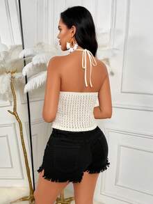 Top corto blanco con textura y cuello halter para mujer, estilo minimalista elegante, ajuste ceñido, elástico, sin mangas, transpirable, adecuado para ir al trabajo, salidas, cumpleaños y diversas ocasiones especiales - Albaricoque - Ver 2