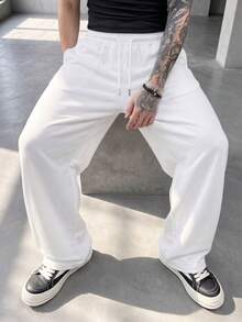 GRDR Men's Summer Loose Drawstring Elastic Waist Casual Pants, Draped Lazy Wide Leg Long Trousers - White - View 3