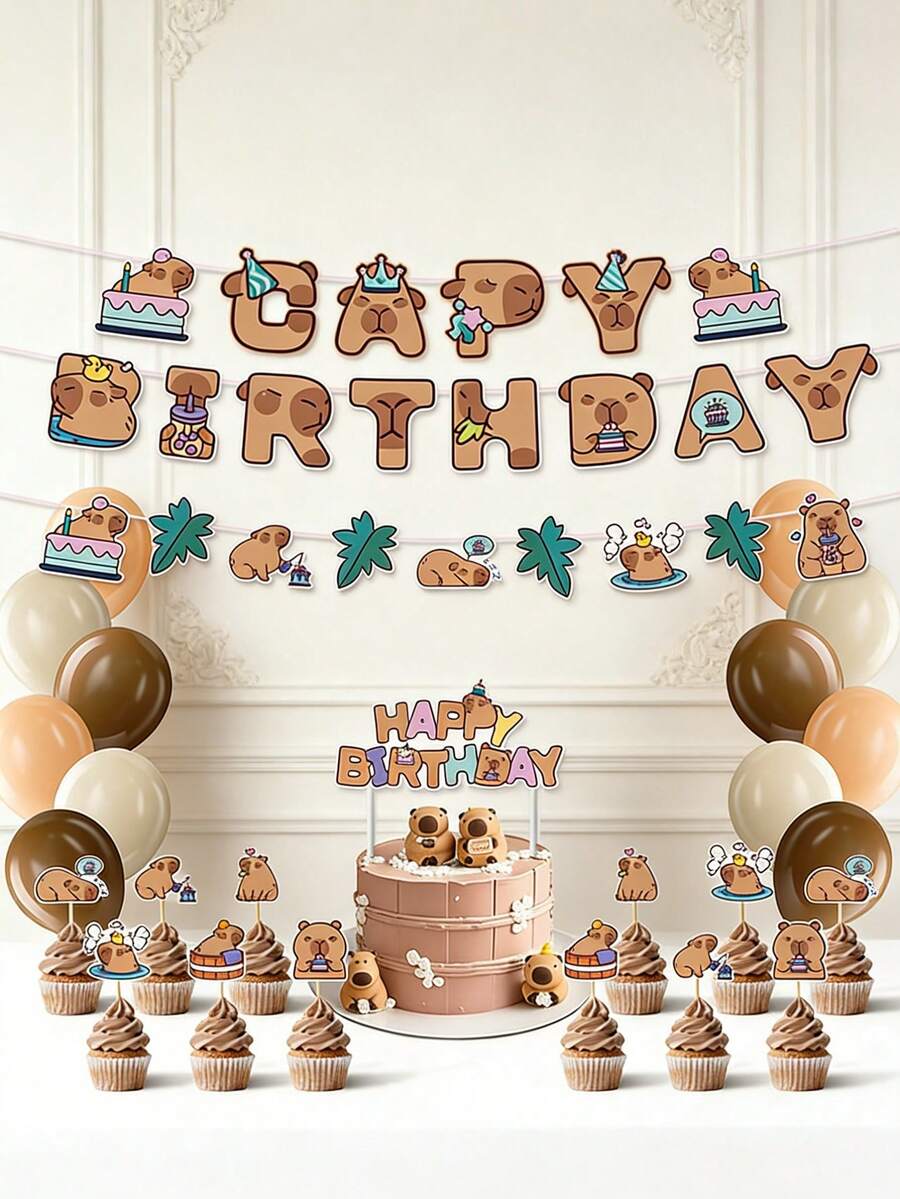 Capybara Birthday Set Banner Swirl Ornaments Cake Topper Baby 1st Birthday Baby Shower Paper Party Decor - Multicolor - View 1