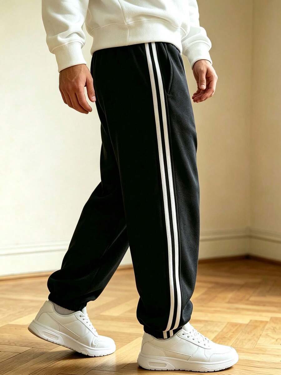 Men's Plus Size Outdoor Striped Drawstring Waist Pocket Casual Fashion Straight Leg Long Pants, Spring/Autumn, Minimalist Versatile - Black - View 1