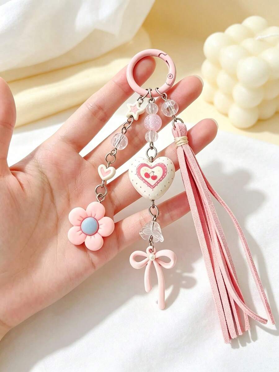 1pc Pink Cherry Heart Bag Charm, Flower Tassel Bag Pendant For Girls - Multicolor - View 1
