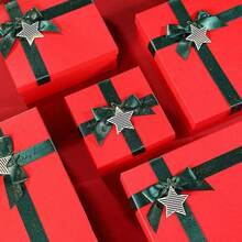 Christmas, New Year Holiday Multi-Piece Red Gift Boxes Set With Dark Green Ribbon Bows And Star Ornaments, Suitable For Indoor Living Room, Fireplace, Tabletop, Yard Gate, Christmas Tree And Other Holiday Decoration Gift Packaging - View 10
